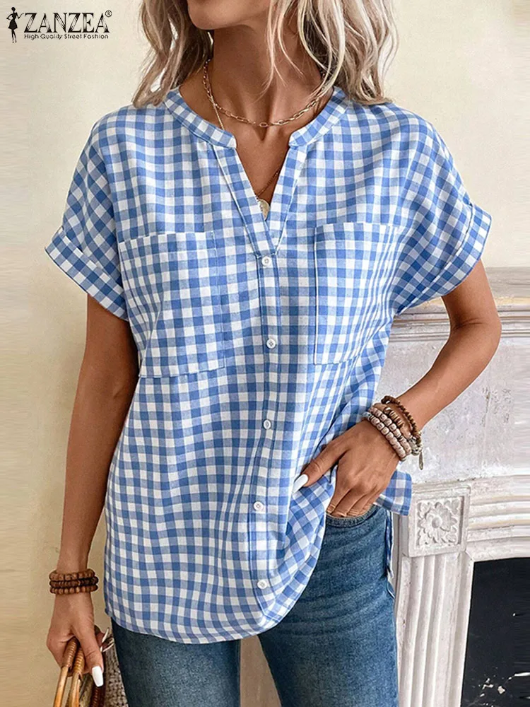 

Модная блузка ZANZEA с принтом в клетку, летняя элегантная офисная рубашка, Женская туника с коротким рукавом и V-образным вырезом, повседневные женские блузы