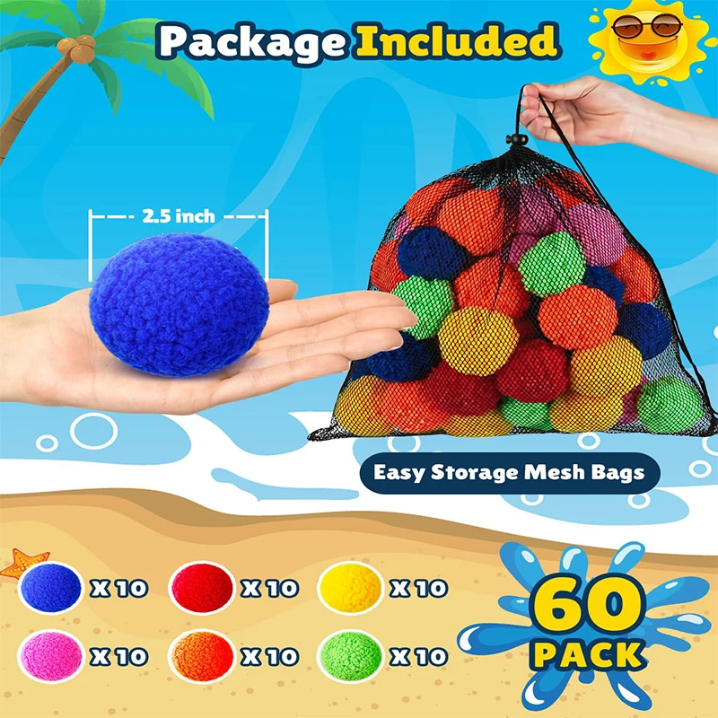60 Pcs Cotton Water Balls Reusable Water Balloons for Kids Outdoor Games Toy Summer Water Bombs Play Splash Balls for Pool Beach 6