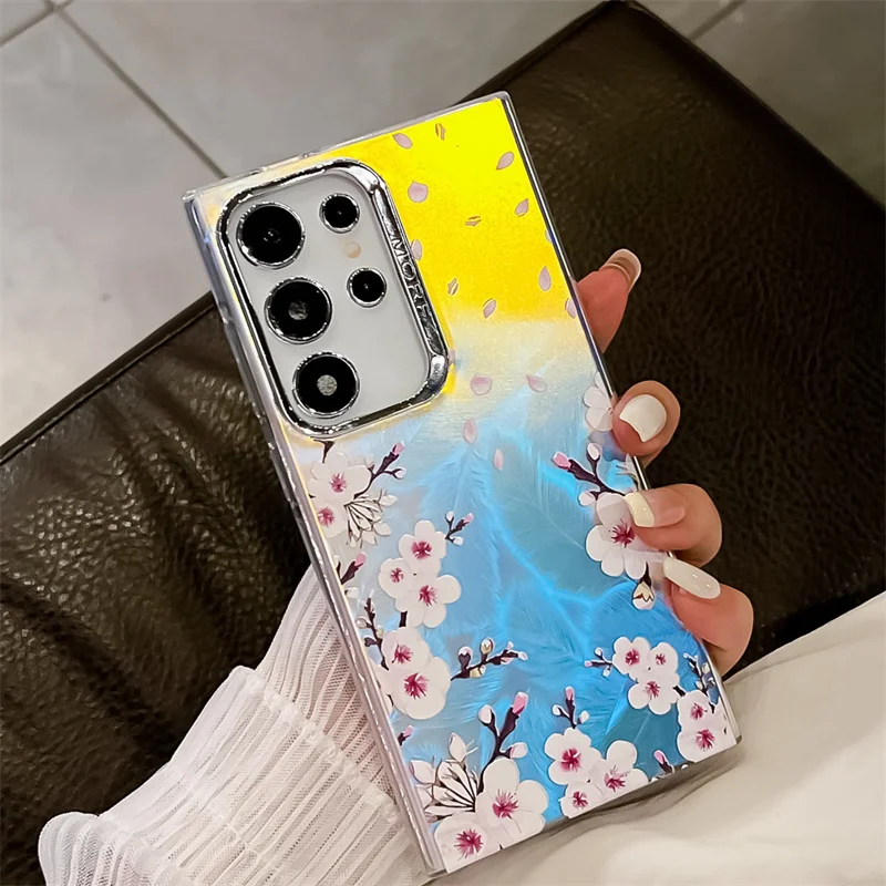 Coque de téléphone à motif de fleur laser pour Samsung Galaxy S25 A14 A15 A55 A54 A25 A35 A34 S23 FE S24 Plus S22 Ultra Hard PC Matte Back Cover_voghion.com