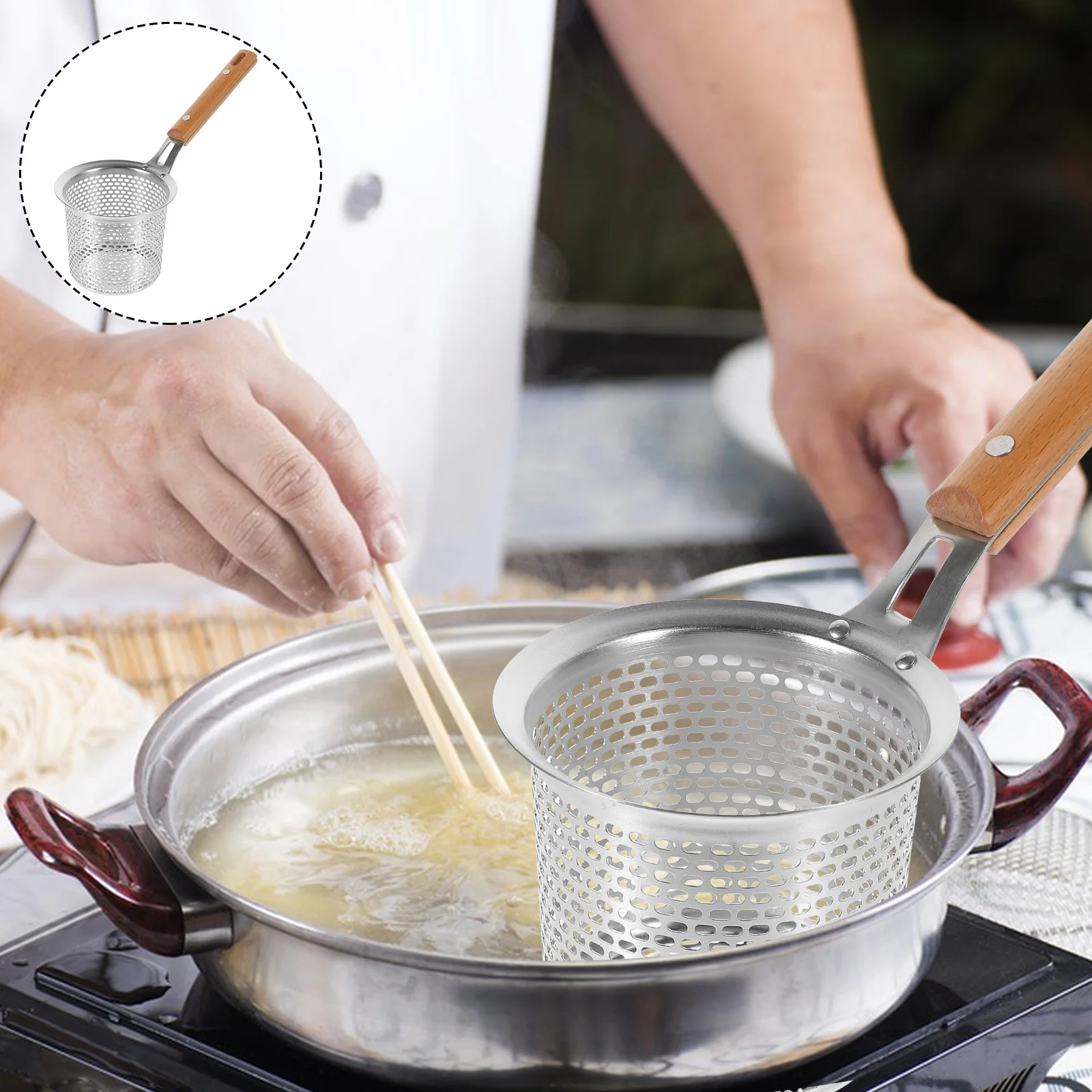 

Spaghetti Strainer Spoon Stainless Steel Food Strainer Wooden Handle Noodle Basket