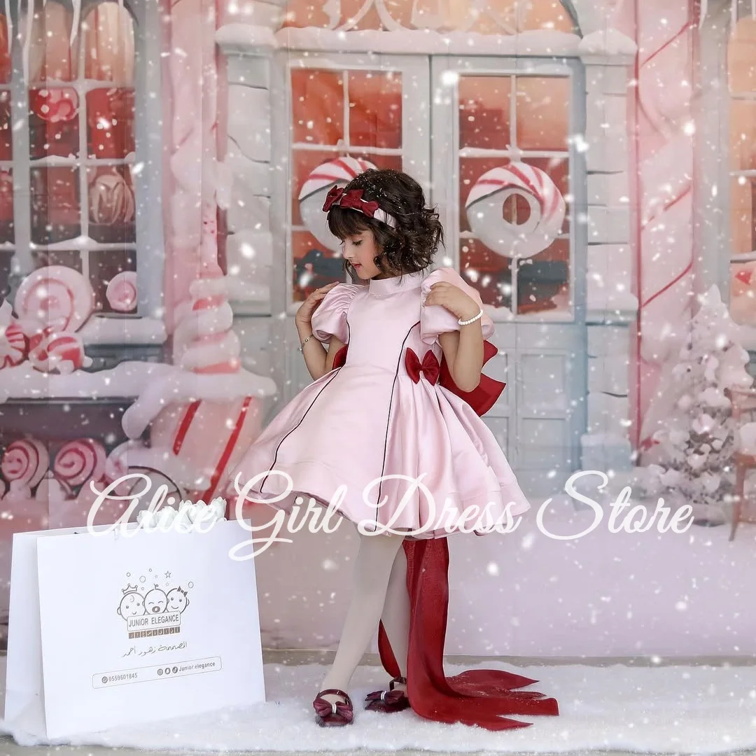 Customized 2025 New Pink Flower Girl Dresses for Wedding With Red Bows Lovely Baby Girl Birthday Dress First Communion Gowns
