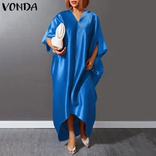 

VONDA Women Long Dress Casual Half Bat Sleeve V Neck Sexy Asymmetrical Party Dresses 2022 Summer Satin Slik Bohemian Vestidos