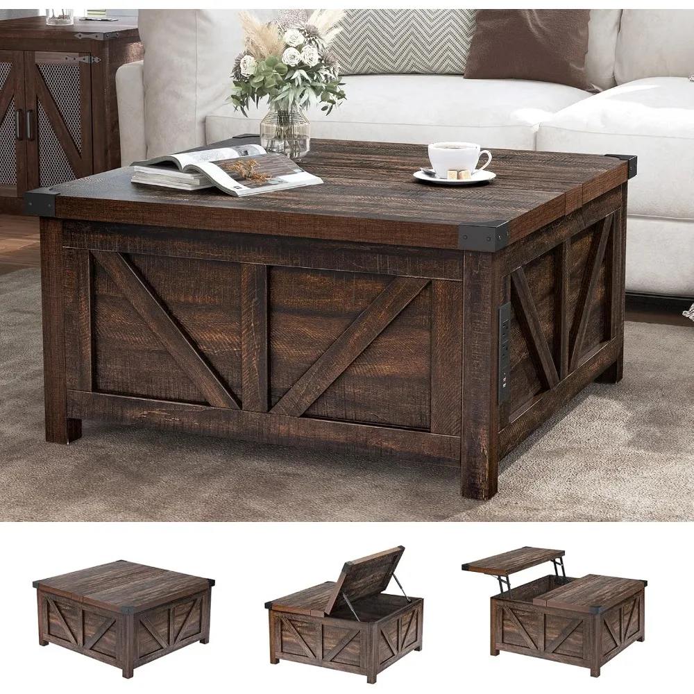 Farmhouse Lift Top Coffee Table with Storage,Wood Square Center Table with Charging Station&USB Ports, Living Room Central Table 5
