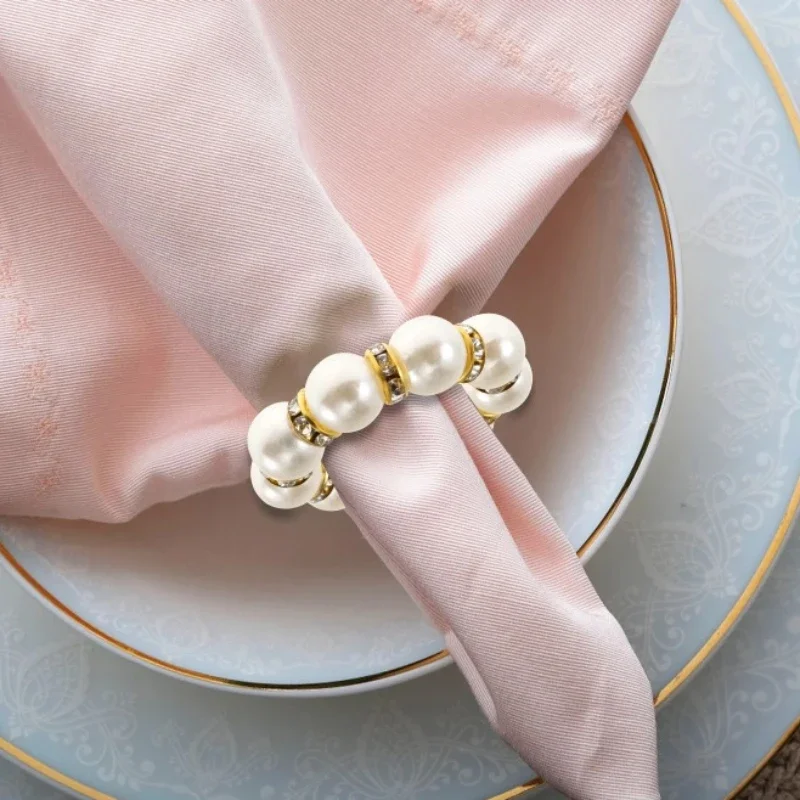 6Pcs Pearl Napkin Rings Golden Napkin Holder for Wedding Party Banquet Adornment Home Kitchen Dinnig Table Decoration