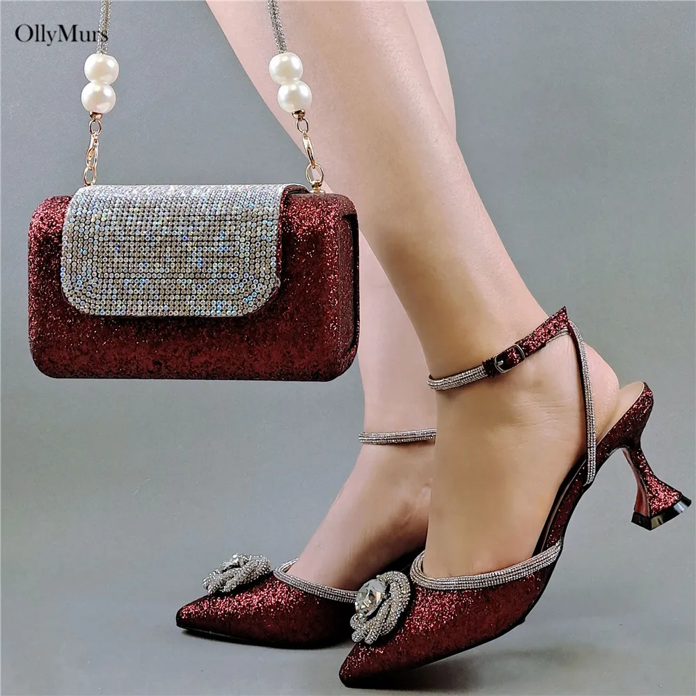 

High Quality PU With Rhinestone Woman Shoes And Bag Set Italian Style High Heels Shoes And Bag Set For Party Dress
