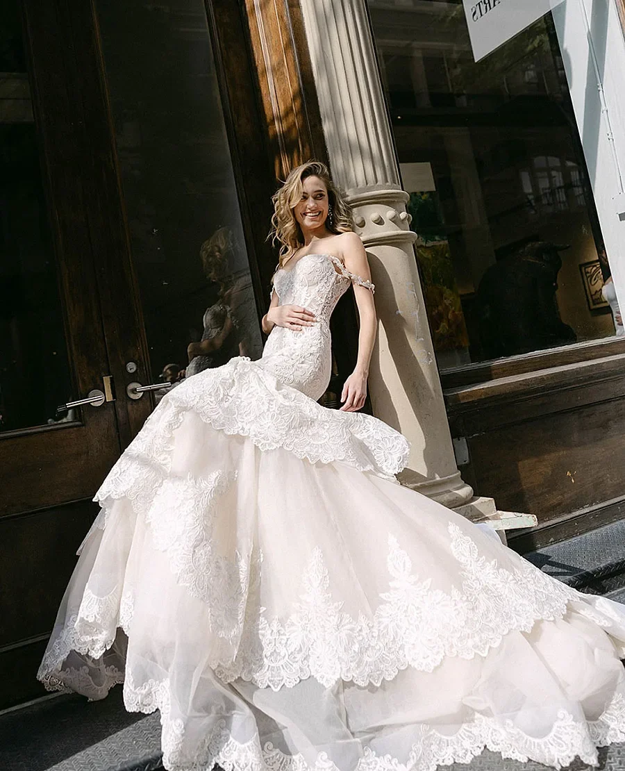 Vestido de Novia de sirena de encaje sin tirantes clásico elegante