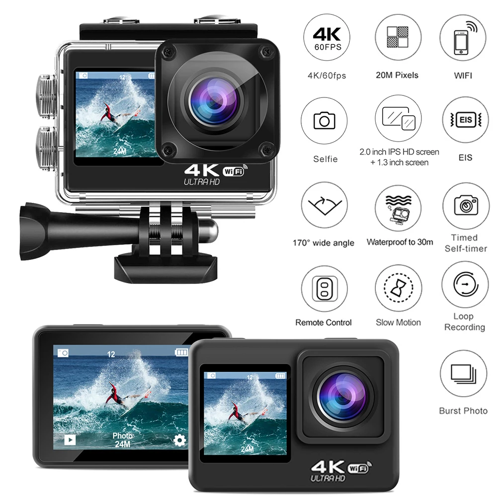 

Guzcadun Sport 4K Action Camera WIFI 1080P 60fps Outdoor Underwater Waterproof Diving Surfing Cycling Helmet Cam Camera