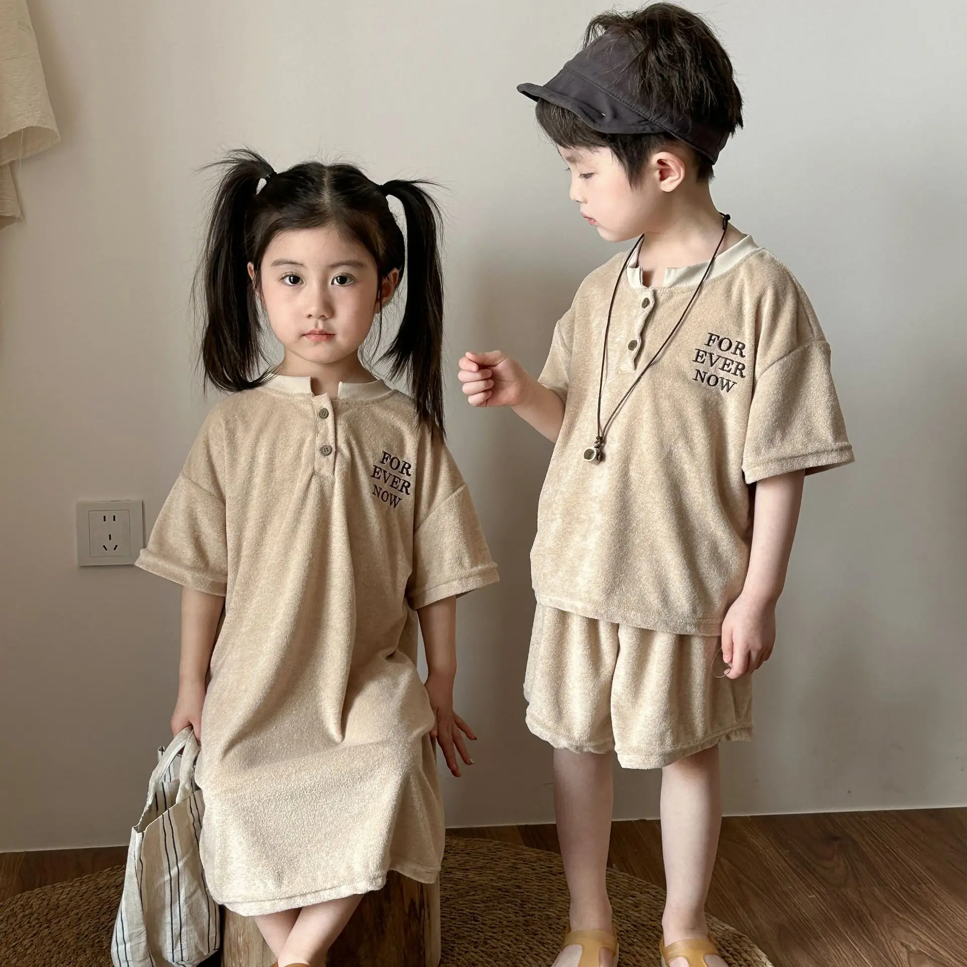 Brother And Sister Summer Korean Leisure Boy Suit T Shirt + short Or Baby Girl Short Sleeve Dress
