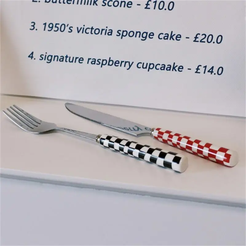 Korea Style Stainless Steel Knife Fork Spoon Three Pieces Creative Checkered Western Tableware Set 3pcs silicone spatula stainless steel spoon silicone kitchen utensils silicone cooking spoon wooden cooking spoon plastic rice spoon cooking scoop