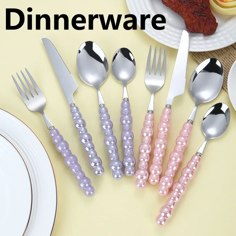 4Pcs/Set Luxury Dinnerware Stainless Steel Spoon and Fork Ceramic Pearl Handle Western Silver Cutlery High-looking Tableware