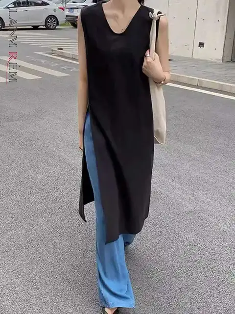 LANMREM Fashion Dress For Women V-neck Sleeveless Solid Color Side Split Knee-length Dresses 2024 Summer New Clothing 2Z1910