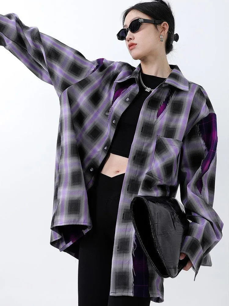 

Contrast Color Perforated Plaid Cardigan 2024 Spring/Summer Women's New Vintage Top Y2K Purple Fashionable Casual Shirt