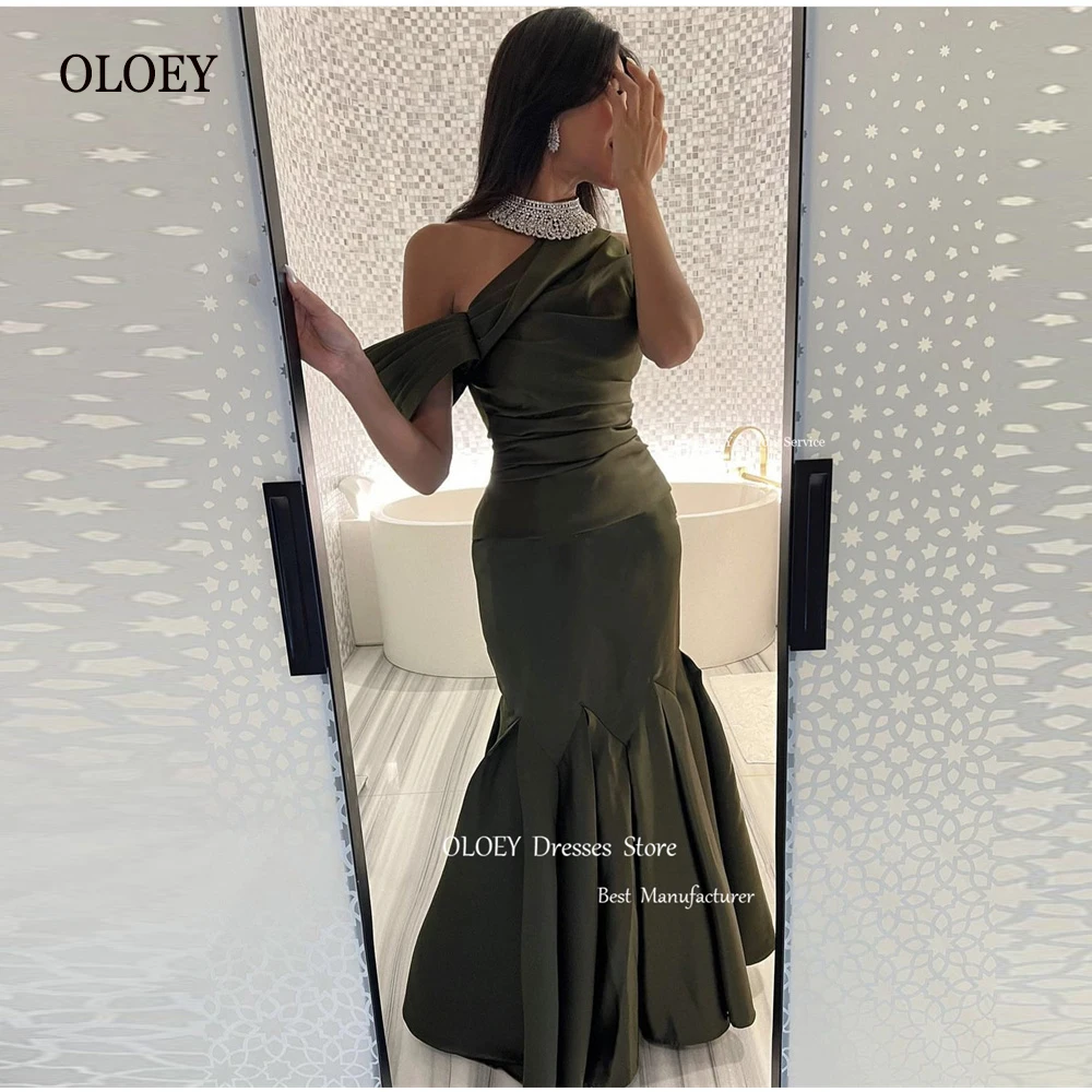 

OLOEY Saudi Arabic Mermaid Evening Dresses Crystal High Neck Army Green Long Prom Gowns Fomral Party Dress 2023 Vestido de noche