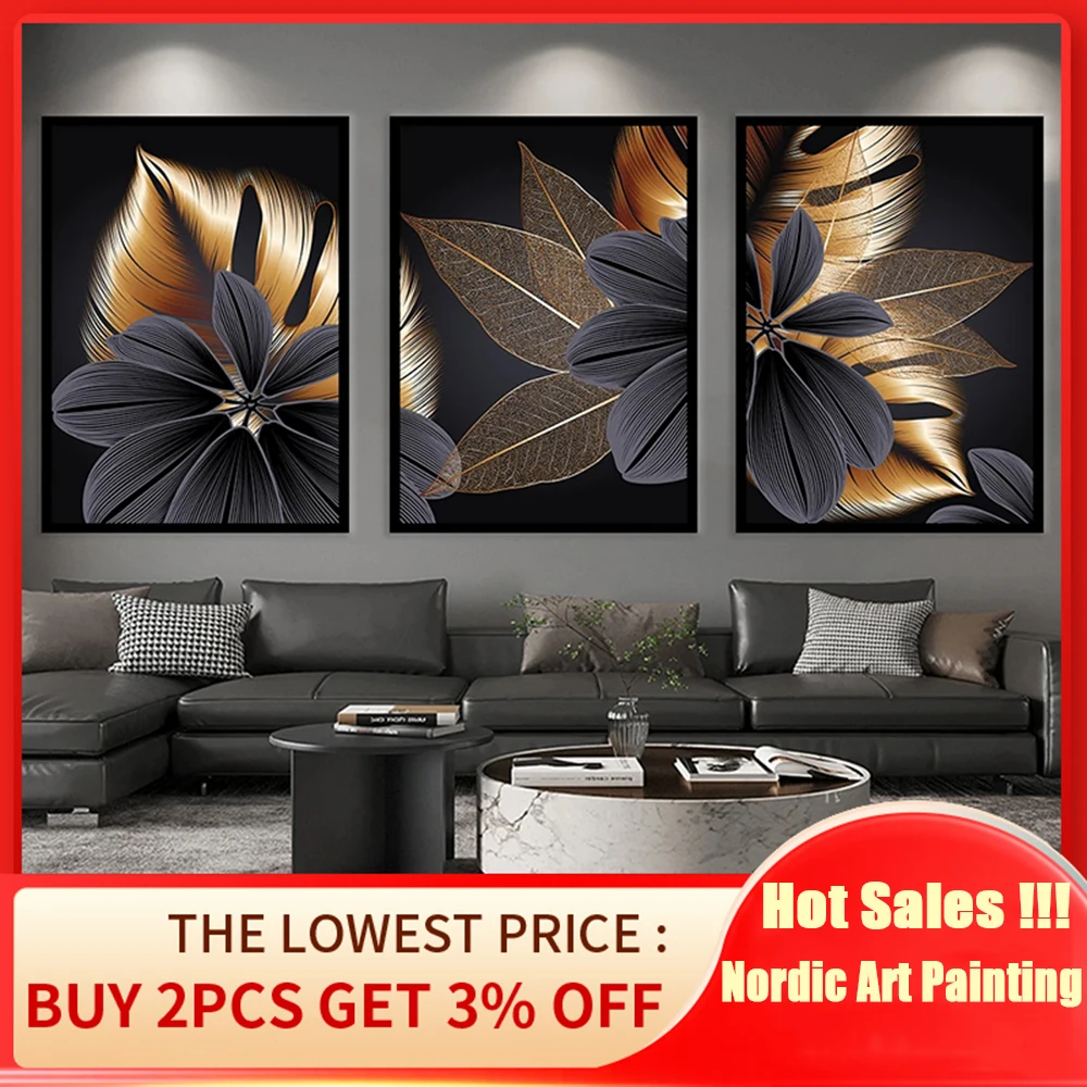 Modern Nordic Style Botanical Luxury Black And Gold Leaves Wall Art Poster Home Room Decor ...