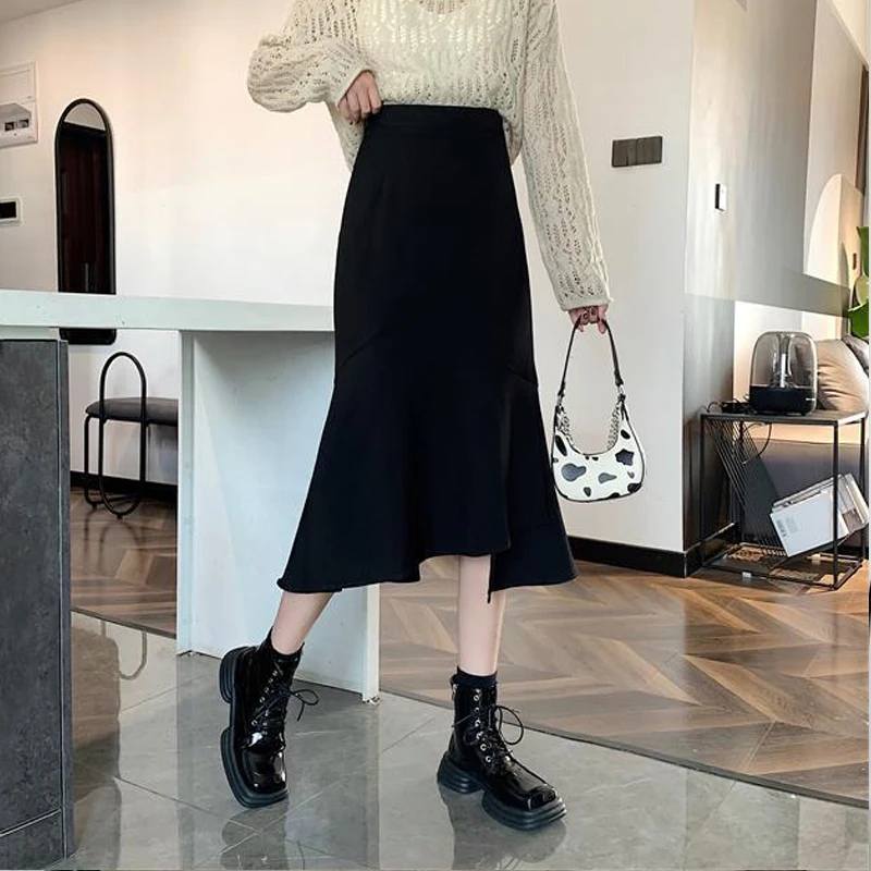 Korean Fashion Irregular Skirt Women Spring Autumn New High Waist A Line Black Long Trumpet Skirts Female S-XL