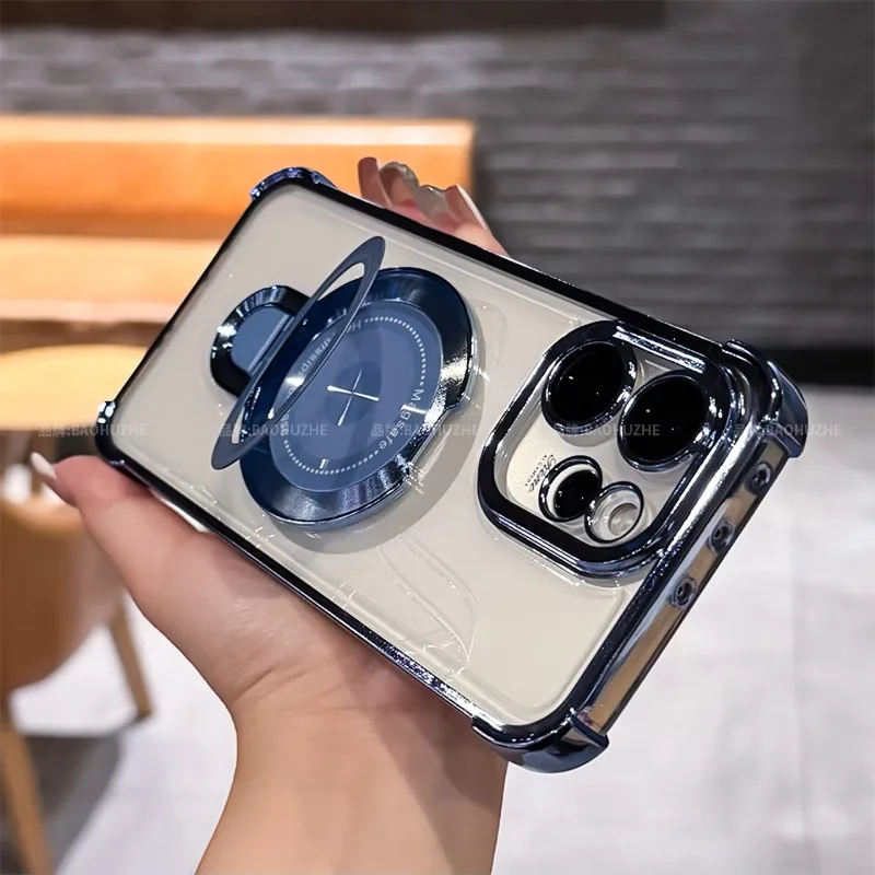 Electroplated Bezel TPU Magnetic Bracket Case with Lens Film Protection