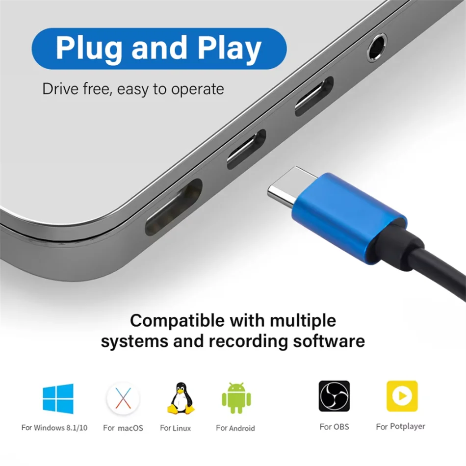 USB 3.0 HD Video Capture Card - 1080P HDMI-Compatible with Type C & Micro USB for Live Broadcast and Recording