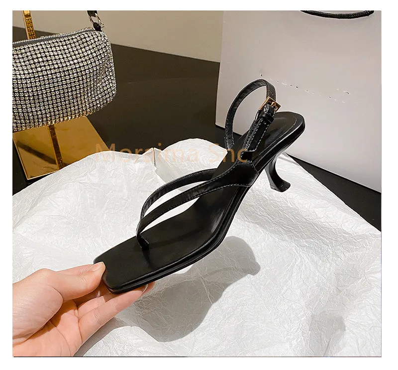 

Clip Toe Sandals Women 2023 Summer New High Heels Leather Thin Heel Buckle Strap Flip-Flops Slingback Roman Women's Shoes