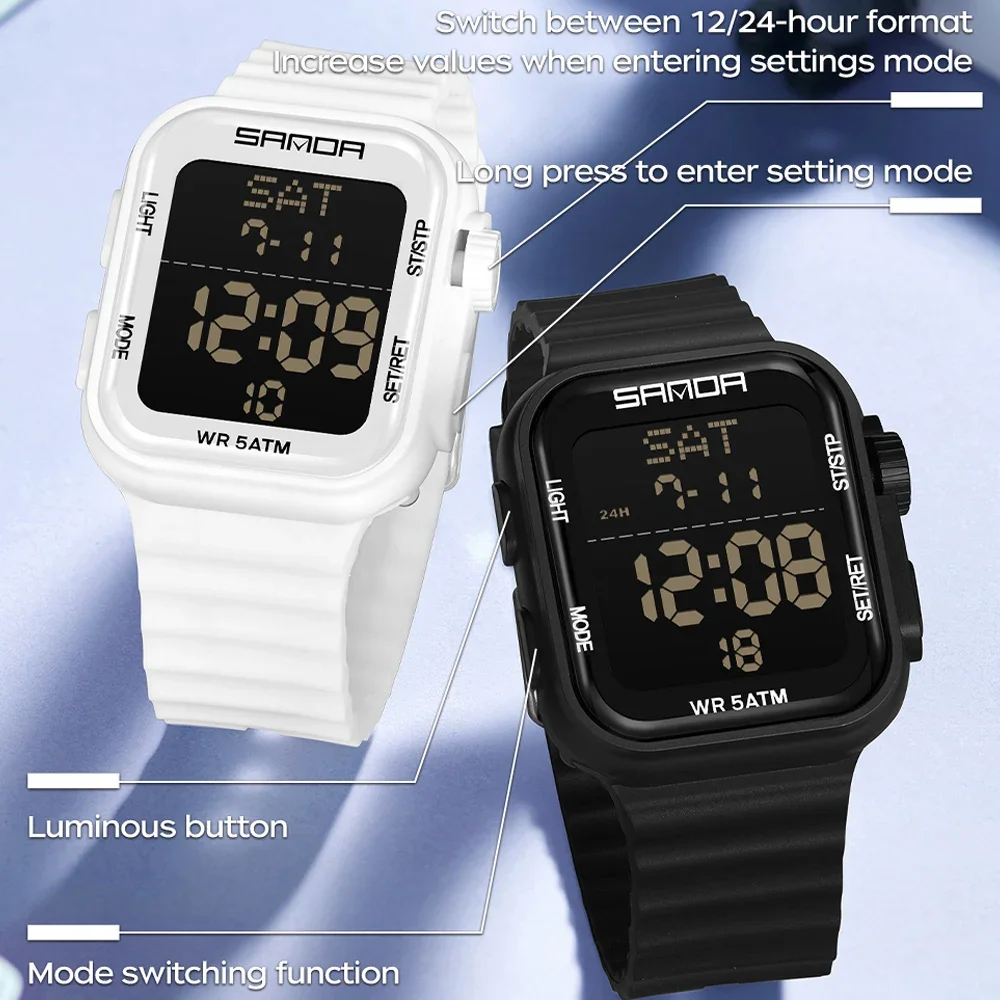 SANDA Men's Waterproof Digital Sports Wristwatch with LED Stopwatch & Silicone Strap