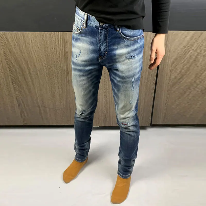 Fashion Streetwear Men Jeans High Quality Retro Blue Stretch Slim Fit Ripped Jeans Men Vintage Designer Brand Pants Hombre