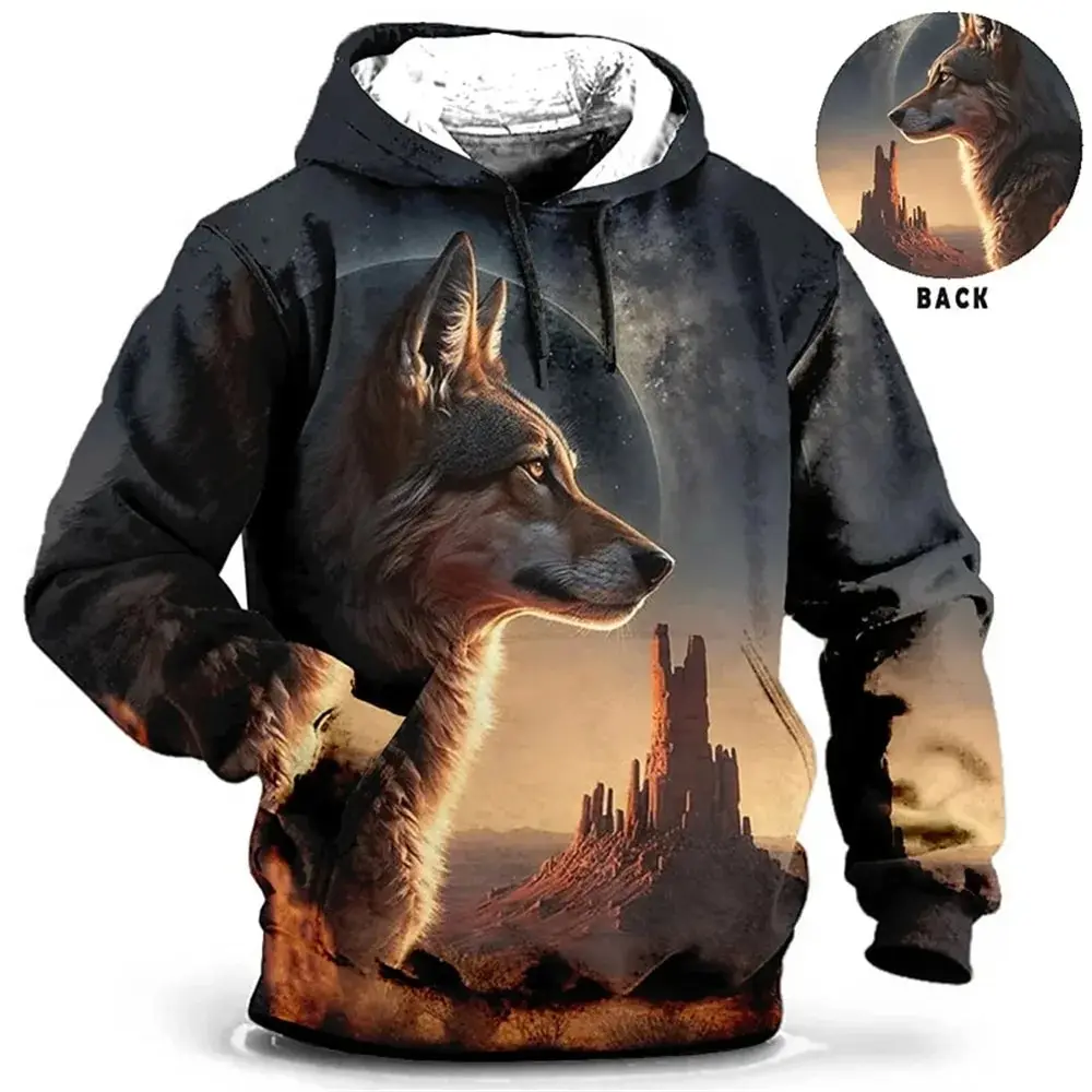 thumbnail image 1 of Nueva sudadera con capucha con estampado 3D de lobo y textura para hombre, de manga larga, informal, holgada, de gran tamaño, para exteriores, Y2k, 1 of 4