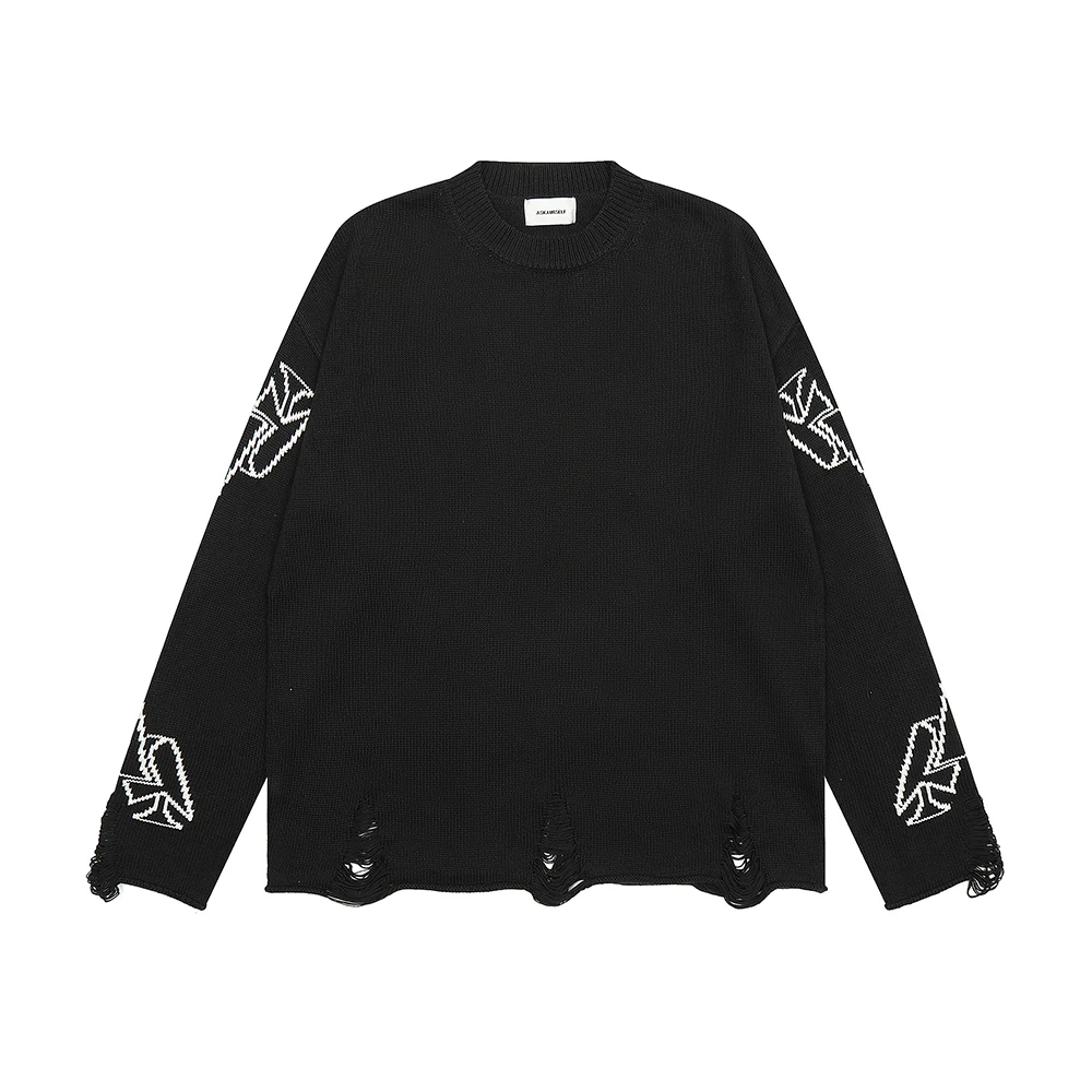 

Streetwear Logo Print Hole Hem Pullover Sweater Unisex Y2K Baggy Moletons Masculinos Sueter O Neck Ropa Hombre Knitted Clothes