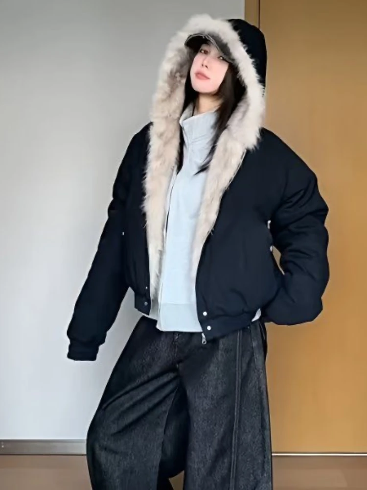 Manteau ample en fourrure pour femme, doublure élégante, col en fourrure Y2k, capuche épaisse, Parkas à la mode, vêtements d'extérieur décontractés, vestes rembourrées en coton, nouvelle collection automne
