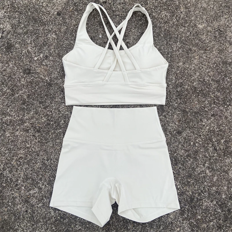 Women's 2-Piece Yoga and Fitness Outfit - Cross Straps Bra & High Waist Shorts