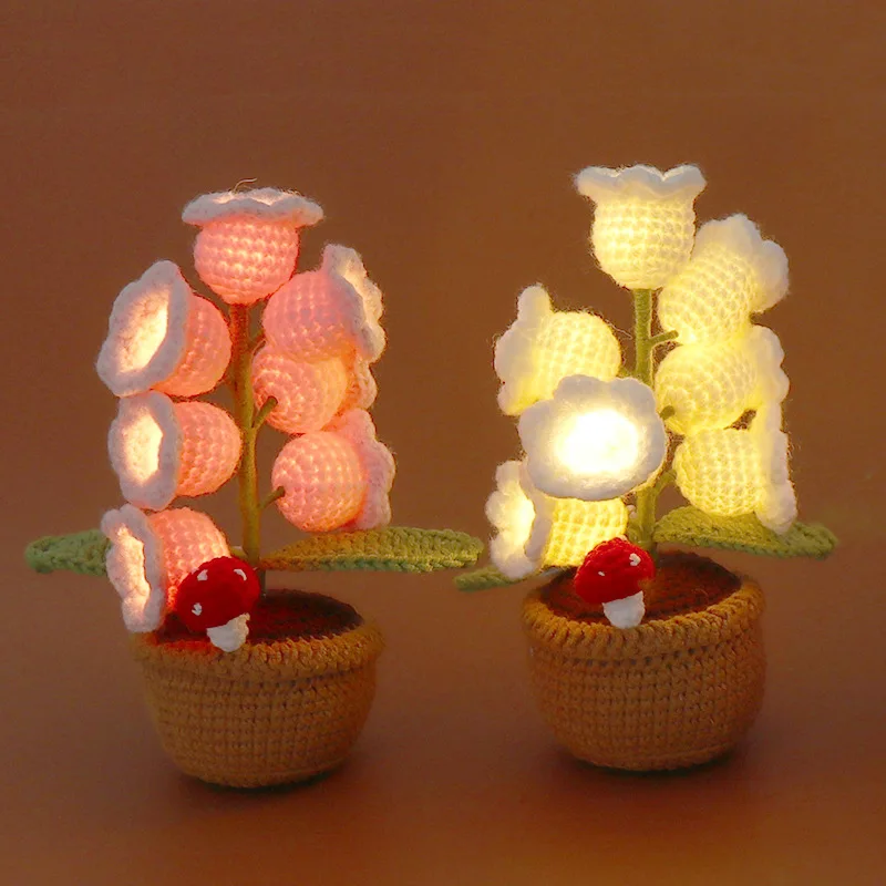 Crochet Bell Orchid Potted Knitted Flowers Light Handmade Artificial Flower Desktop Bookshef Easter Decoration 2025
