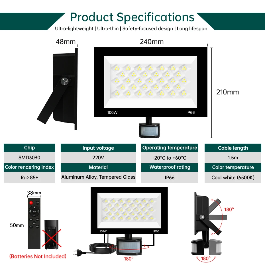 EU AU UK LED Floodlight Motion Sensor Remote AC220V 30W-100W Se7bc4a0452ed47629ab83c144ea3550bf