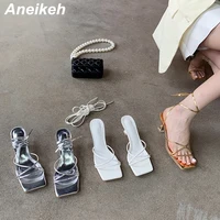 Aneikeh-Sandales en cuir verni à lacets croisés pour femmes, chaussures de soirée à bande étroite, talon bas fin, gladiateur Rome d'été, mode 2025 3