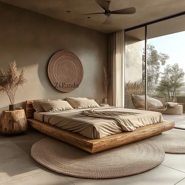 Wabi Sandy Wind Natural Edge 1.8 meters double bed, log wind solid wood bed, hotel homestay villa floor bed 3