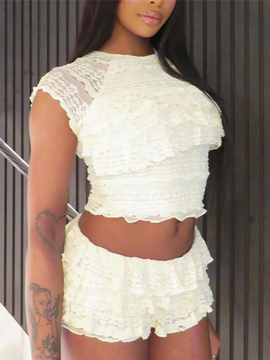 Women s Lace Crop Top and High Waisted Shorts Set with Short Sleeves and O Neckline Tiered Lace Design for a Stylish Look 3