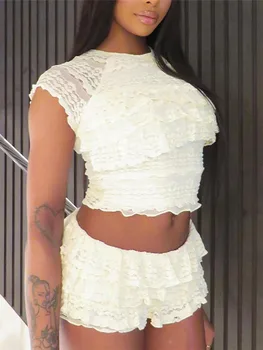 Women s Lace Crop Top and High Waisted Shorts Set with Short Sleeves and O Neckline Tiered Lace Design for a Stylish Look 3