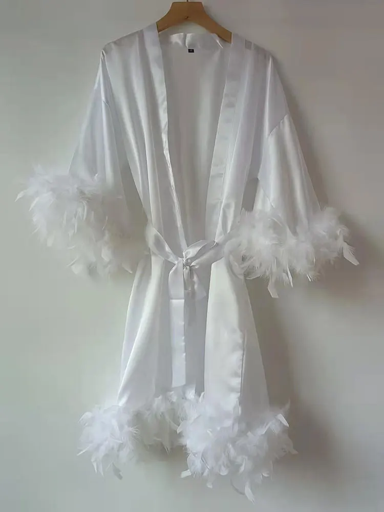 Feathered Satin Bridesmaid Robes Satin Dressing Gown Bride Robe Bridesmaid Gift Bridal Party Robes Silky Satin Robe Personalized