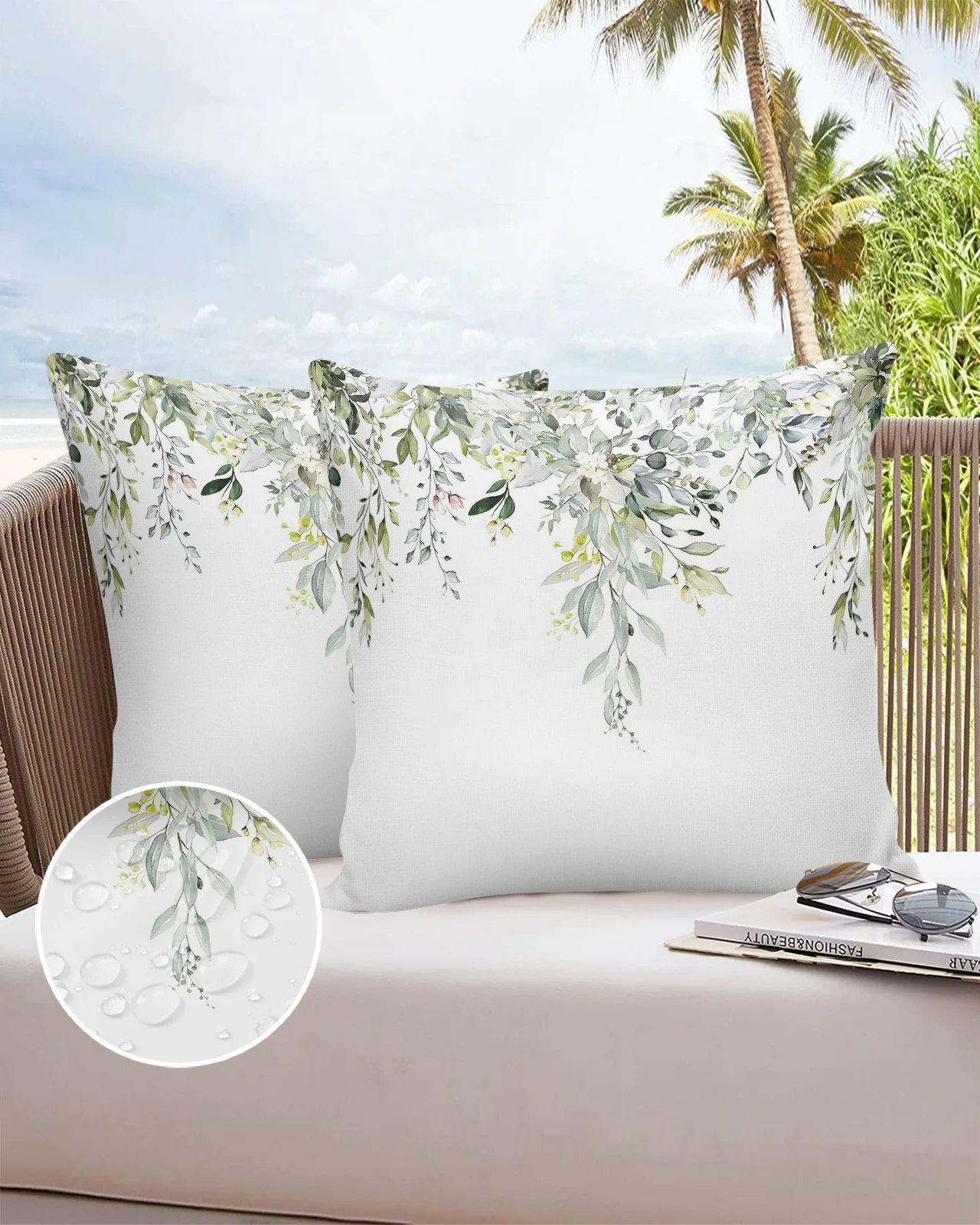 Watercolor Green Leaves Waterproof Pillowcase Set Car Cushion Cover