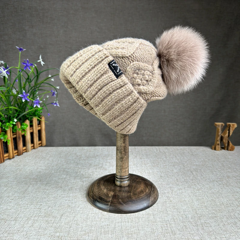 2024 New Women's hats High quality Fur pompom hat Beanies Winter Hats for women Fashion Hat bonnet Female Twist pattern caps 4