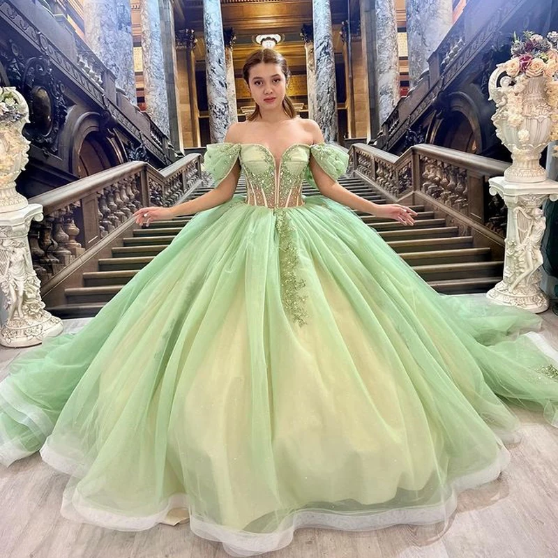 

Green Off Shoulder Glittering Beading Quinceanera Dress Sweetheart Floral Appliqué Vestidos De 15 Anos Ball Gown Wedding Dress