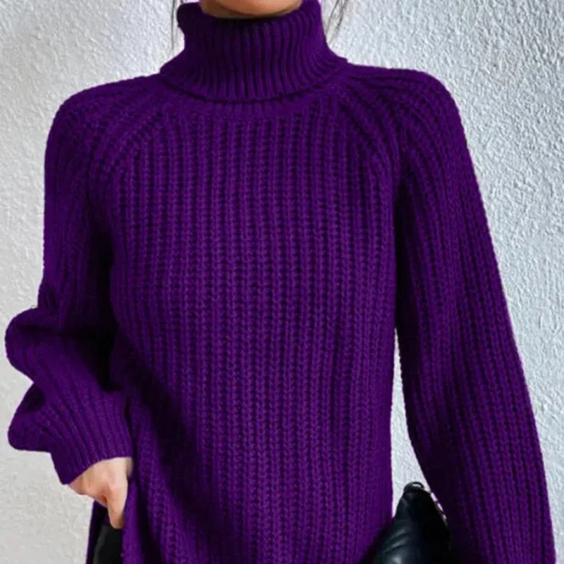 2025 Autumn and Winter New Knitted Shirt Medium To Long with Raglan Sleeves High Collar Split Sweater Dress for Women 96