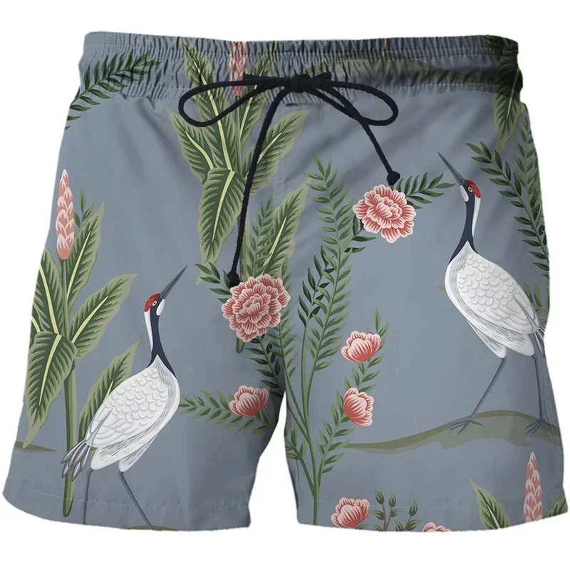 

2023 Chinese Style Short Pants For Men Harajuku Red-crowned Crane 3d Printed Boys Girls Loose Trunks Summer Streetwear Clothing