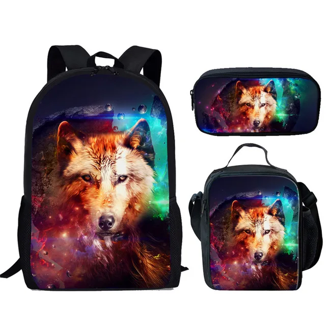 Popular Youthful Moon Wolf 3D Print 3pcs/Set Student Travel bags Laptop Daypack Backpack Lunch Bag Pencil Case