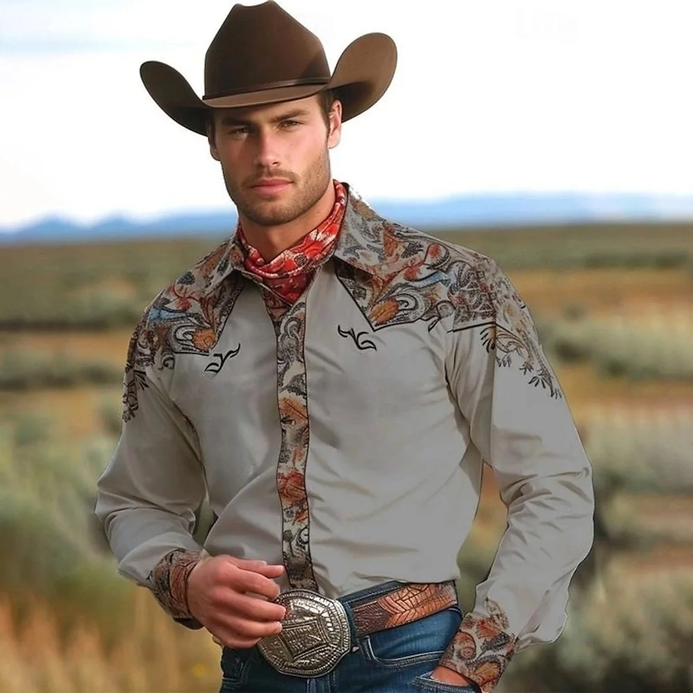 Men's Vintage Western Denim Long Sleeve Lapel Button Up Shirt