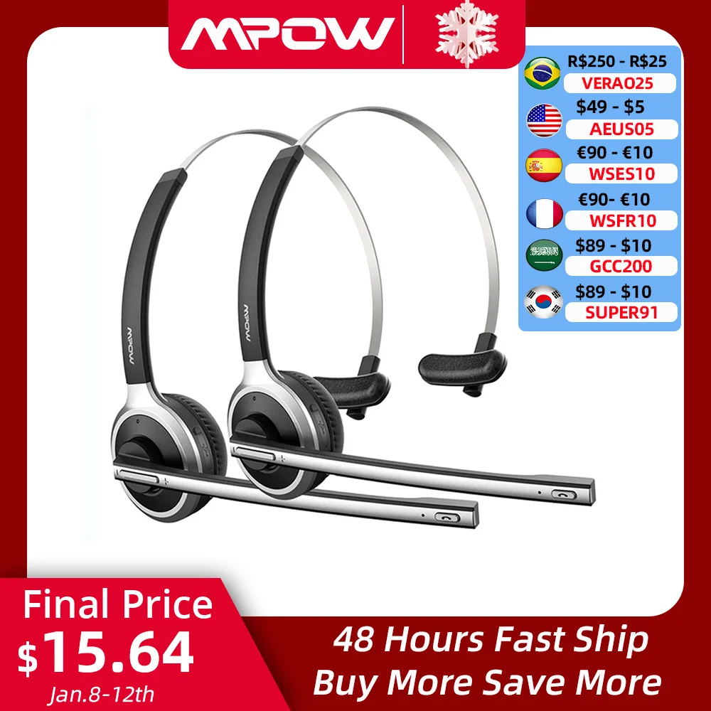 Confezione Da 1/2 Mpow M5 Auricolare Bluetooth V5.0 Cuffie Senza Fili Per Driver Di Camion Cuffie Per Chiamate In Vivavoce Con Microfono Per Call Cent