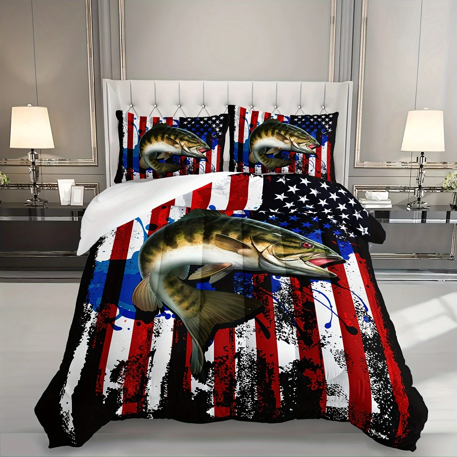 

3pcs Modern Fashion Polyester Comforter Set (1*Comforter + 2*Pillowcase, Without Core), Vintage Fishing Print Bedding Set, Soft