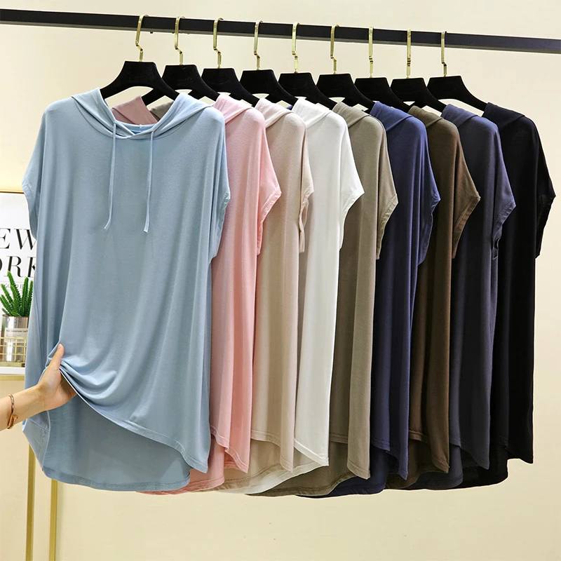 Summer Women's Loose Casual Modal ort Sve T-irt Hooded Mid-Length Thin Top Large Size Base irt Outerwear