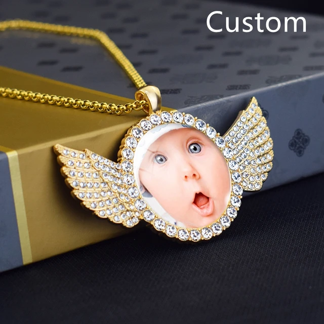 Custom Photo Memory Rhinestone Pendant Necklace Personalized Picture Glass Dome  Necklace Wings Jewelry