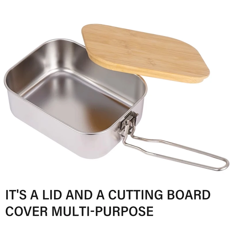 304 Stainless Steel 2 in 1 Outdoor Cooking Lunch Box Portable Bamboo Lid Hiking Camping Bento Box Picnic Food Storage Container 4