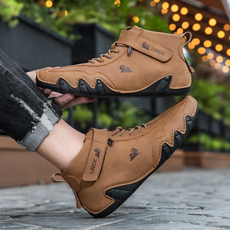 Men Leather Boots Mid Top Lace Up Ankle Waterproof Winter Motorcycle Sports