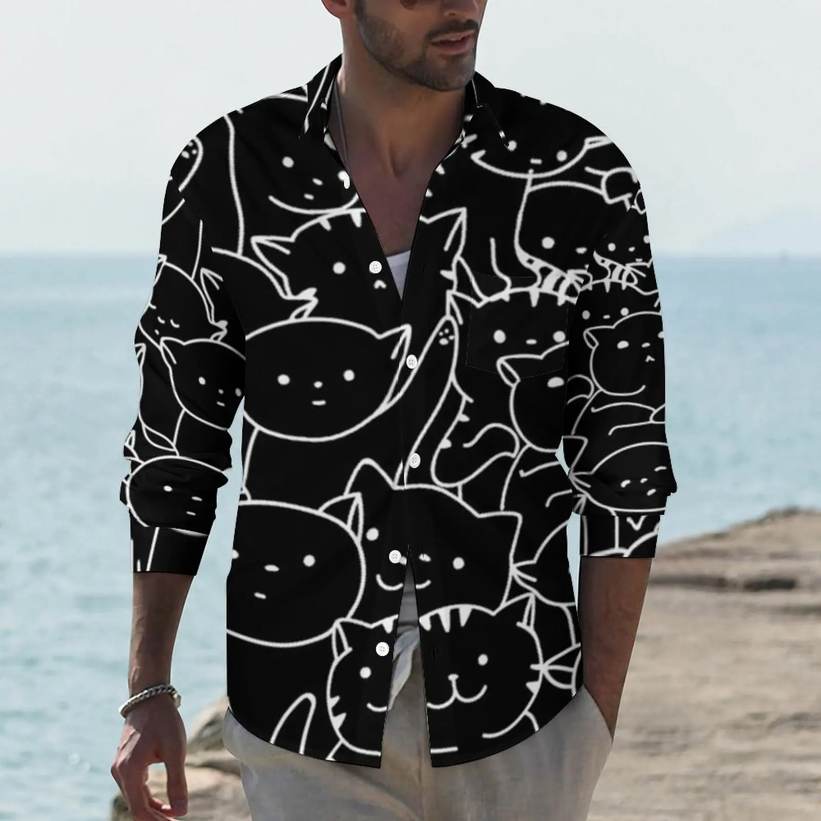 

Повседневные рубашки Kawaii Cat, рубашка с длинным рукавом в стиле ретро с изображением котят