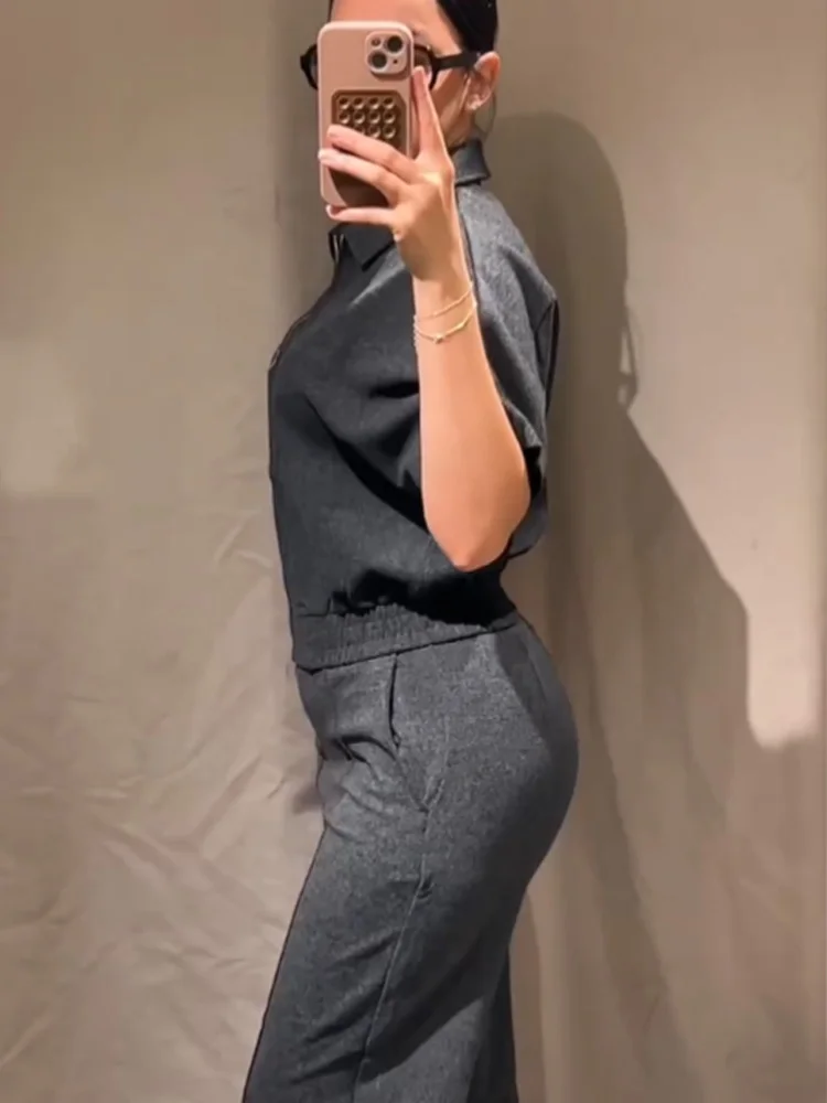 HH Women Elegant Short Sleeve Lapel Zipper Vest+High Waisted Elastic Waist Pockets Wide-leg Pants Soft Autumn 2-Piece Set 2